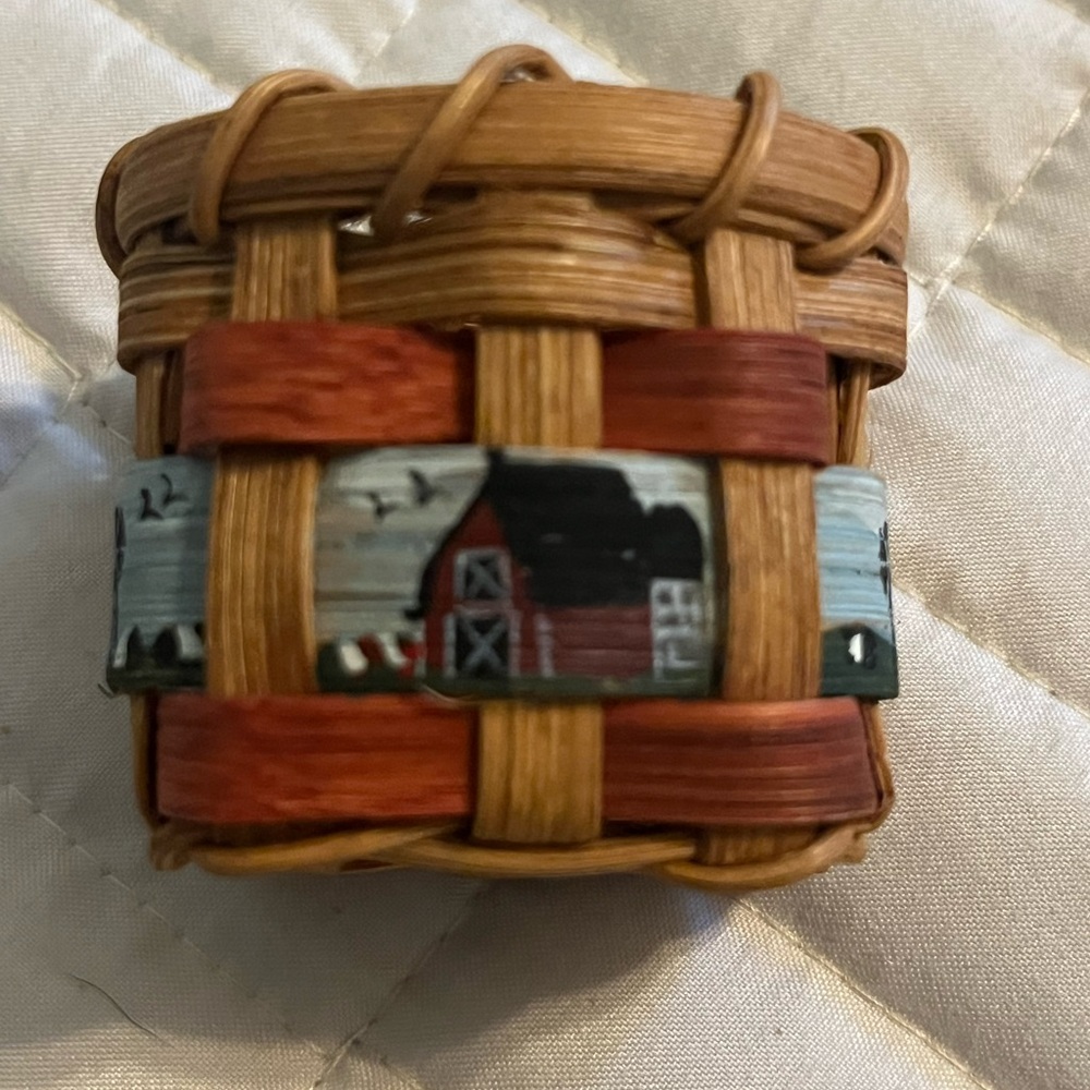 Miniature Vintage Woven Basket with Hand Painted Farmhouse Design